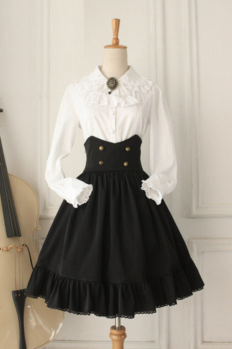 Black Vintage College Style High Waisted Fishbone Gothic Lolita Skirt Dress - Black - 1