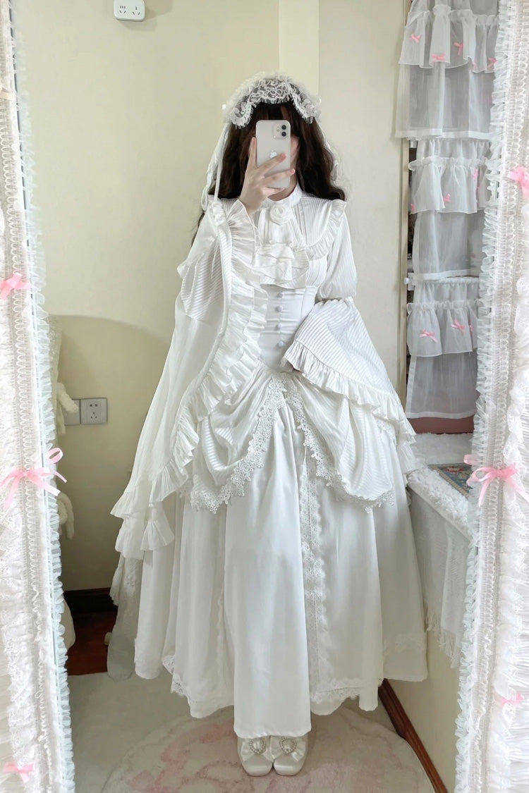 White [Sleepwalking] Long Hime Sleeves Stitching Lace Plus Size Gothic Elegant Lolita Skirt Set - Product - 4
