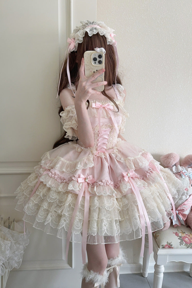 Pink [Ribbon Heart Love] Sleeveless Multi-Layered Ruffle Bowknot Lace Lace-Up Sweet Princess Ballet Lolita Jsk Dress - Product - 7