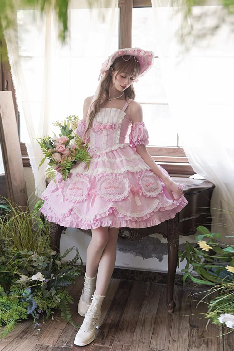 Pink [Butterfly Dream] Multi-Layered Print Ruffle Bowknot Sweet Princess Lolita Jsk Dress - Product - 3