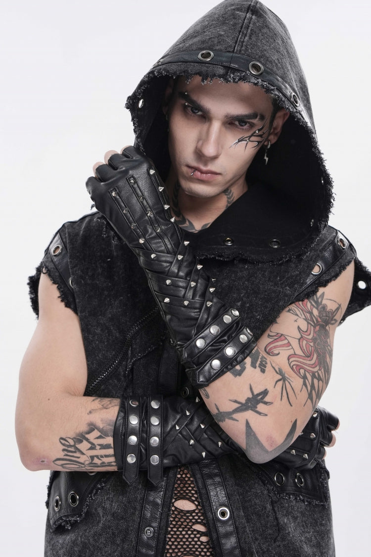Black Studded Men's Punk Cool Fingerless Gloves - Product - 8