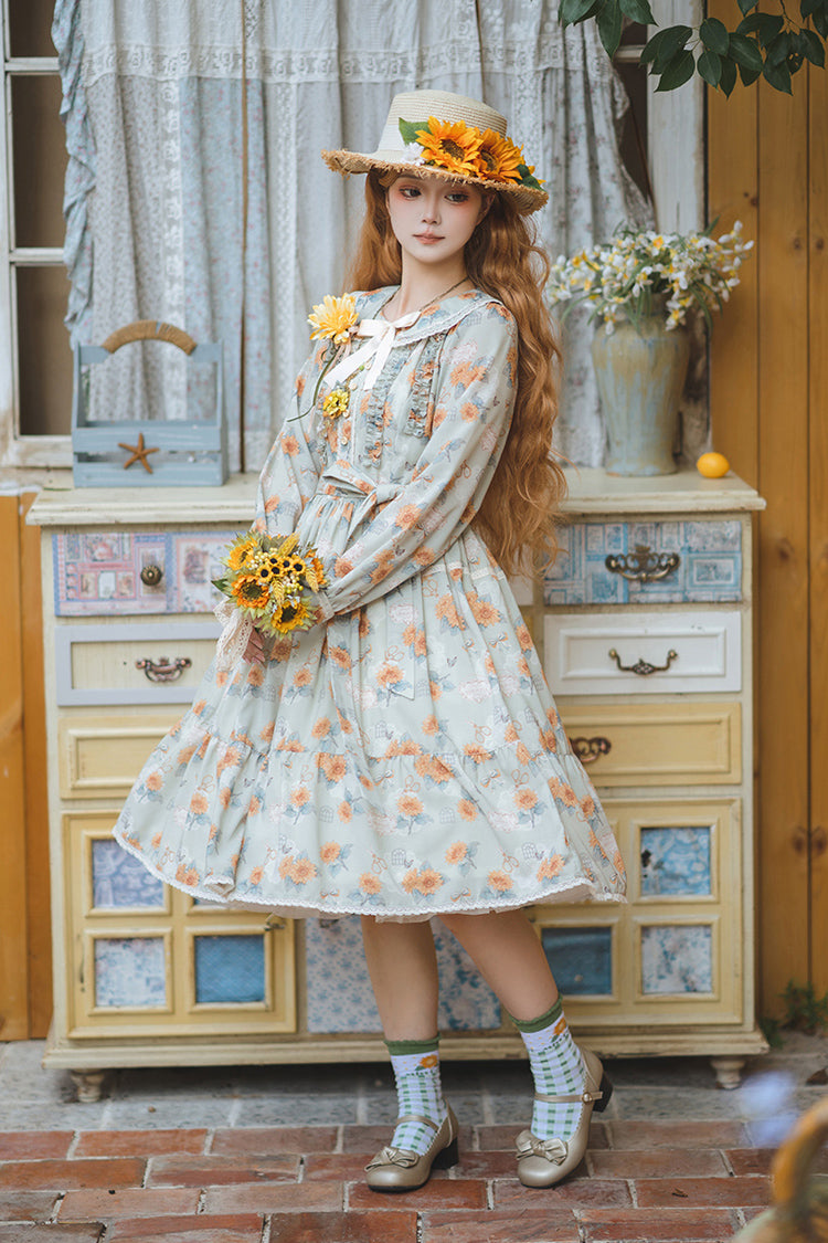 Green [Gardening Sunflower] Long Sleeves Print Ruffle Bowknot Sweet Elegant Lolita Dress - Product - 2