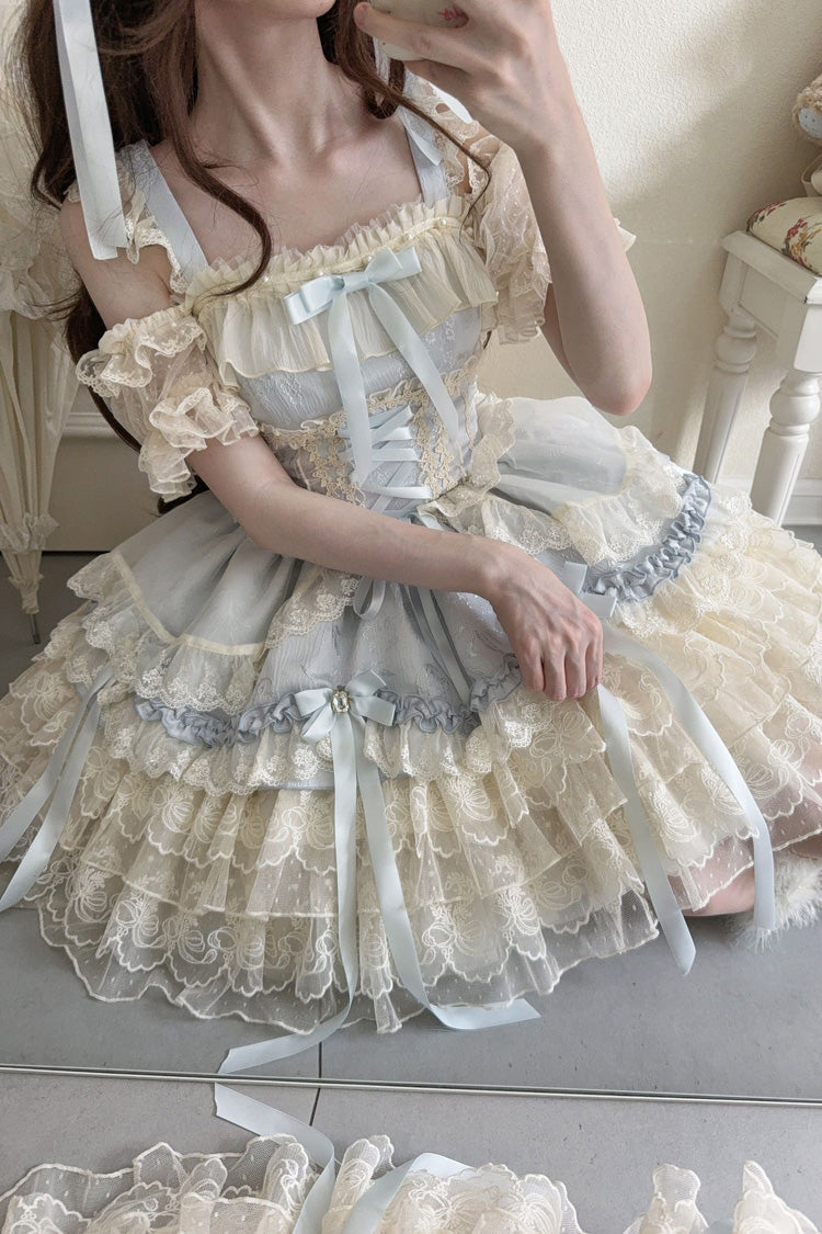 Blue [Ribbon Heart Love] Sleeveless Multi-Layered Ruffle Bowknot Lace Lace-Up Sweet Princess Ballet Lolita Jsk Dress - Product - 8