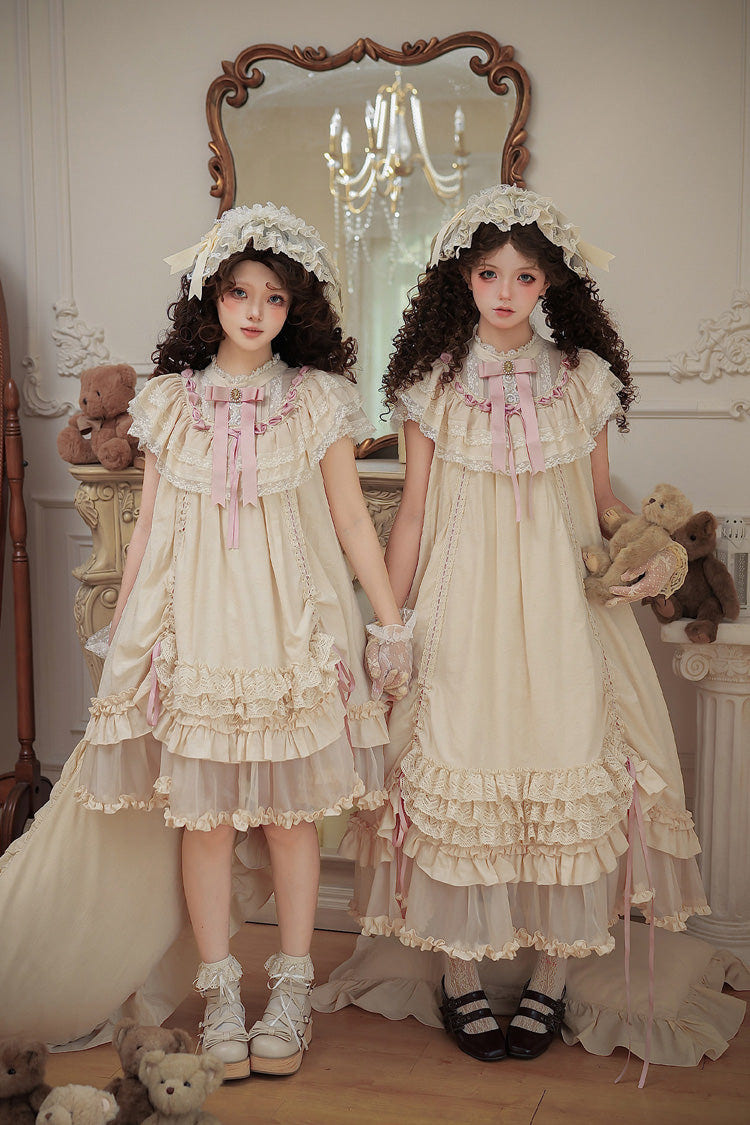 Apricot [Lily's Dream] Stand Collar Short Sleeves Loose-Fit Doll-Like Multi-Layered Ruffled Bow Lace Sweet Lolita Dress 2 Versions - Product - 2