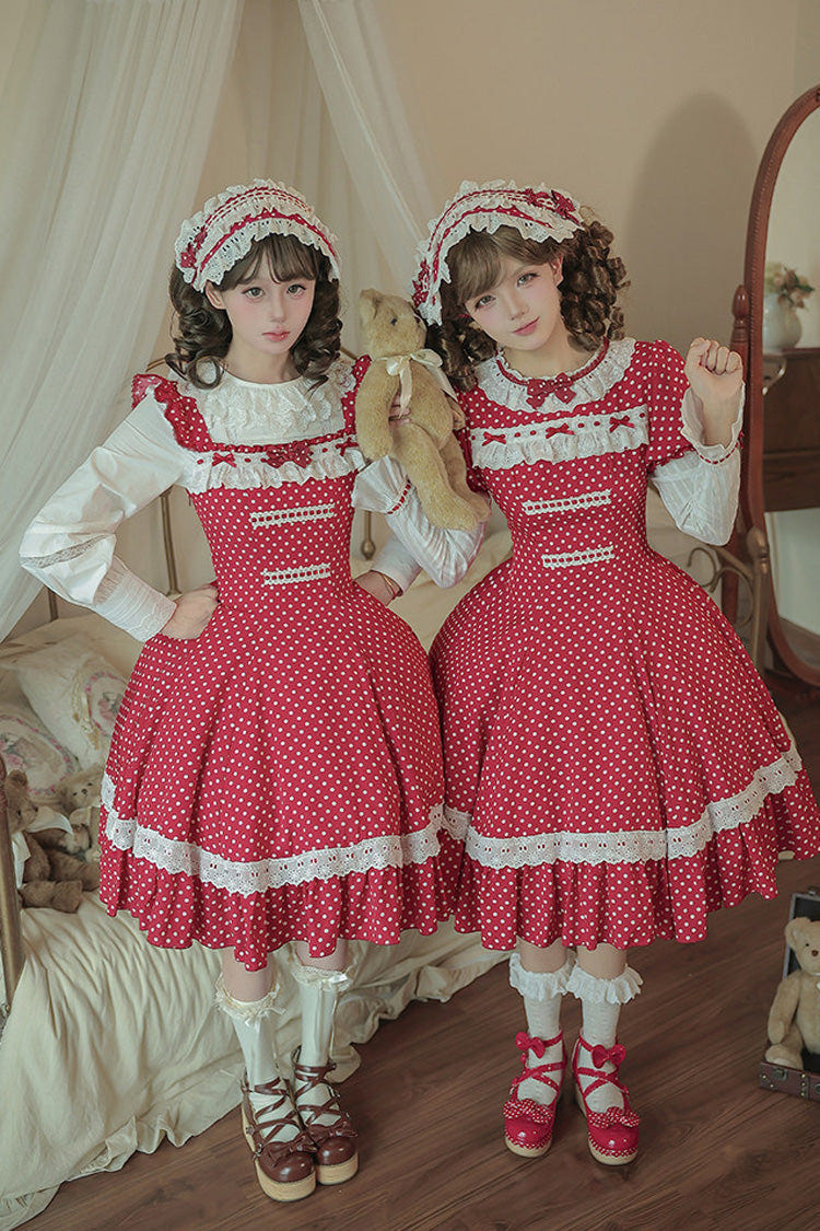 Red [Showa Memoir] Polka Dots Printed Ruffled Bow Sweet Lolita Dress - Product - 5