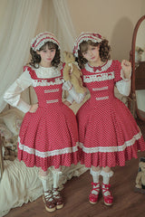Red [Showa Memoir] Polka Dots Printed Ruffled Bow Sweet Lolita Dress - Product - 5