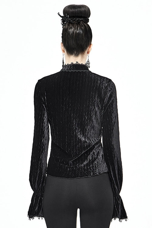 Black Pleated Velvet Trumpet Sleeves Womens Gothic Blouse - Product - 3