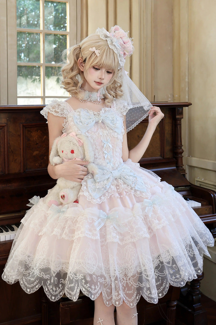 ピンク [Bunny Dream Letter] スクエアカラー フラッター袖 ジャカード フリルリボンレース スウィート プリンセス バレエコア ロリータ ジャンパースカート（JSK） 商品画像