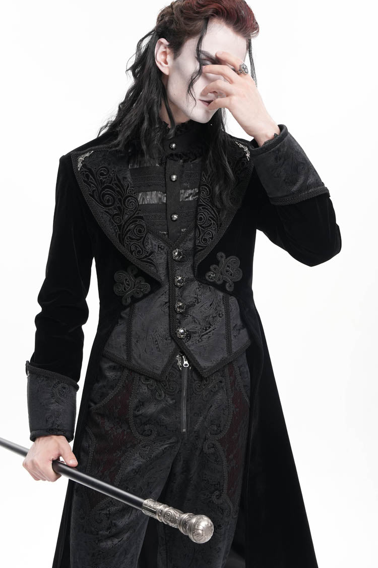Black Long Sleeves Button Floral Embroidery Men's Gothic Jacket - Product - 2