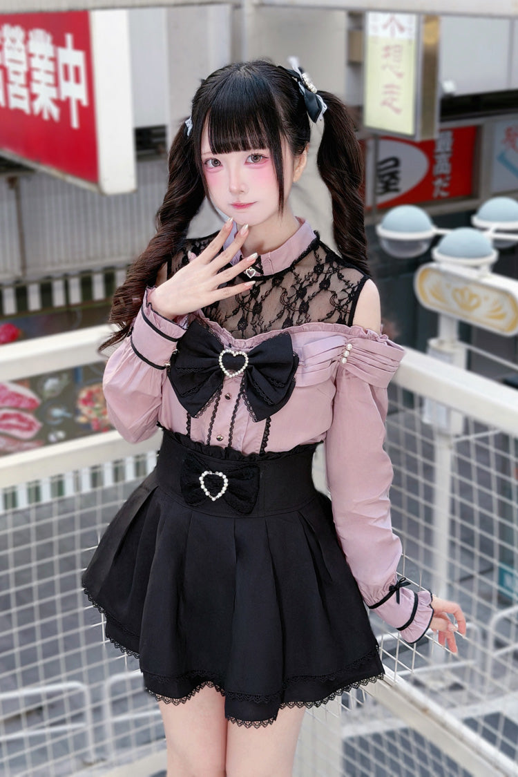 [Frosted Pearl Princess] Round Collar Off Shoulder Long Sleeves Bow Lace Sweet Jirai Kei Japanese Skirt Set 2 Colors - Product - 3