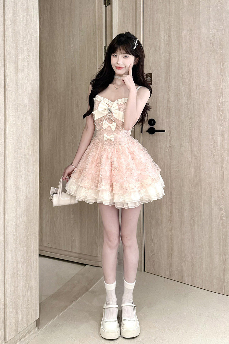 Pink Square Collar Sleeveless Multi-Layered Ruffled Embroidered Bow Pearl Detail Sweet Lolita Jsk Dress - Product - 6