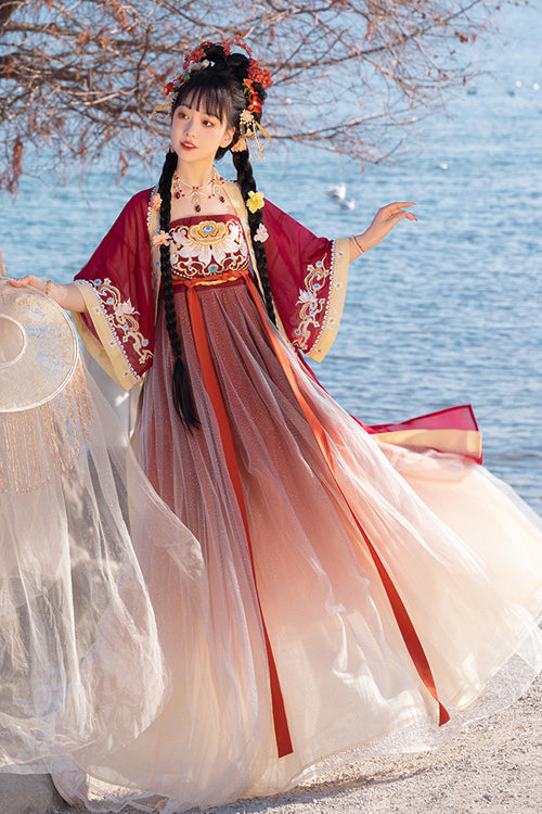 Chinese Tang Dynasty Design Style Embroidered Chiffon Short Sleeves Sweet Hanfu Dress - Red - 6