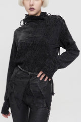 Black Wool Fabric Distressed Stitching Irregularly Pointed Hem Decadent Wind Long Sleeve Women's Punk Sweater - Black - 1