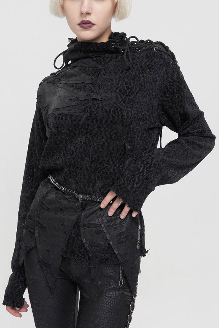 Black Wool Fabric Distressed Stitching Irregularly Pointed Hem Decadent Wind Long Sleeve Women's Punk Sweater - Black - 1