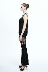 Black Halter Lace Up Shoulder Nailed Leather Loops Womens Punk T-shirt - Product - 4