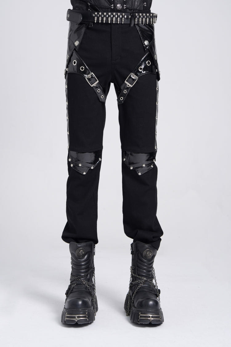 Black Armor Patent Leather Stitching Men's Punk Pants - Black - 1