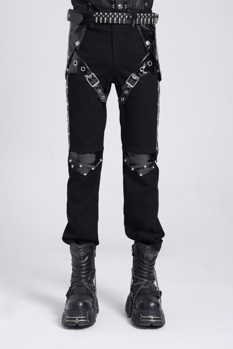 Black Armor Patent Leather Stitching Men's Punk Pants - Black - 1