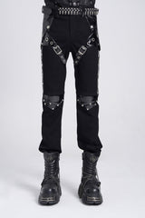 Black Armor Patent Leather Stitching Men's Punk Pants - Black - 1