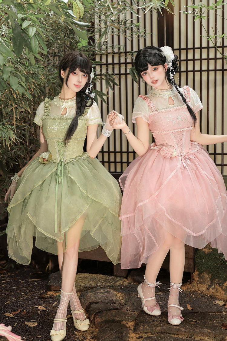 [Fragrance] Stand Collar Short Sleeves Multi-Layered Printed Ruffled Bow Lace Irregular Chinese Style Sweet Lolita Dress 2 Colors (Green, Pink) - Product - 2