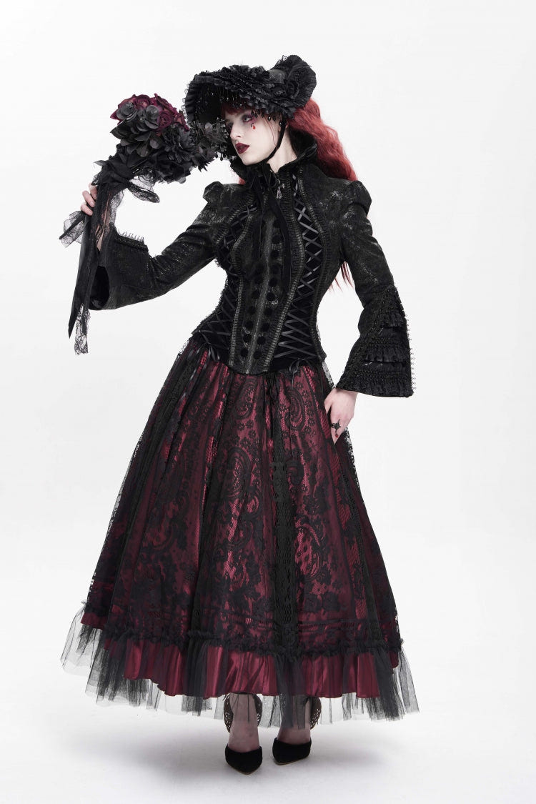 Black Lapel Collar Long Trumpet Sleeves Ruffle Lace-Up Zipper Women's Gothic Jacket - Product - 10