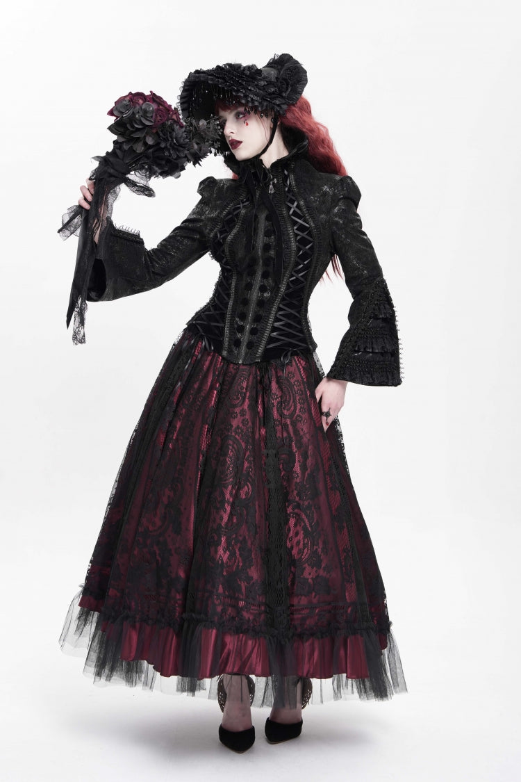 Black Lapel Collar Long Trumpet Sleeves Ruffle Lace-Up Zipper Women's Gothic Jacket - Product - 10