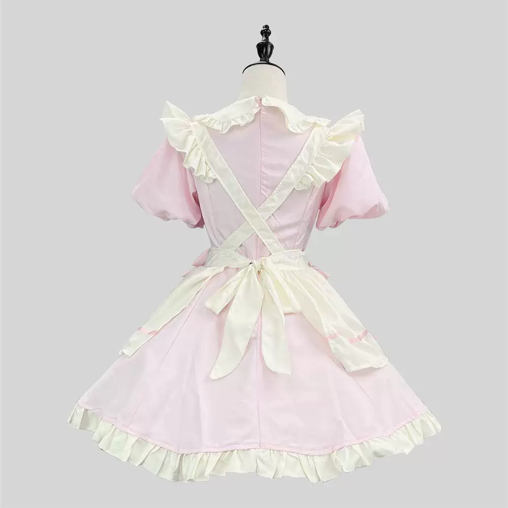 Pink and White Lace Sweet Maid Lolita Dress Set with Heart Bows - view 3