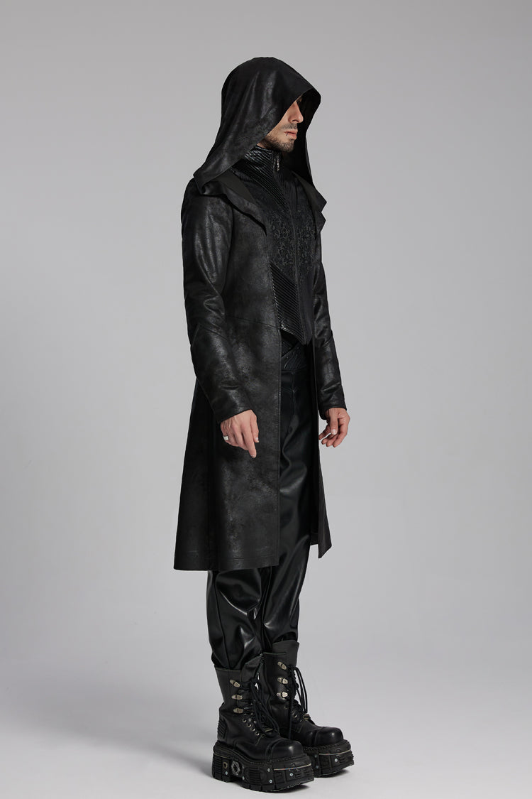 Black Zip Pleated Hooded Men's Gothic Jacket - Product - 2