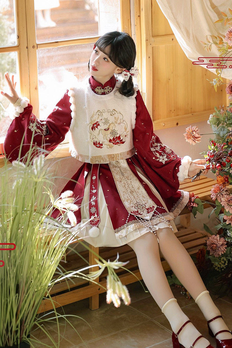 Red Round Collar Long Lantern Sleeves High Waisted Embroidered Women's Sweet Hanfu Dress Set - Product - 4