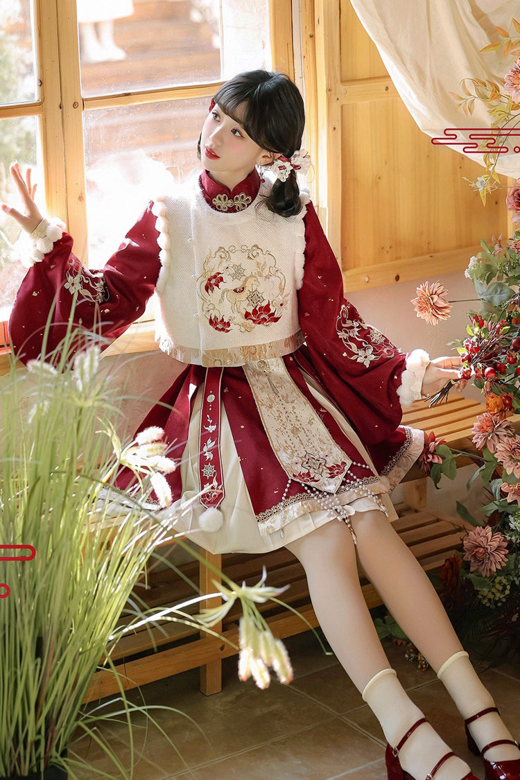 Red Round Collar Long Lantern Sleeves High Waisted Embroidered Women's Sweet Hanfu Dress Set - Product - 4