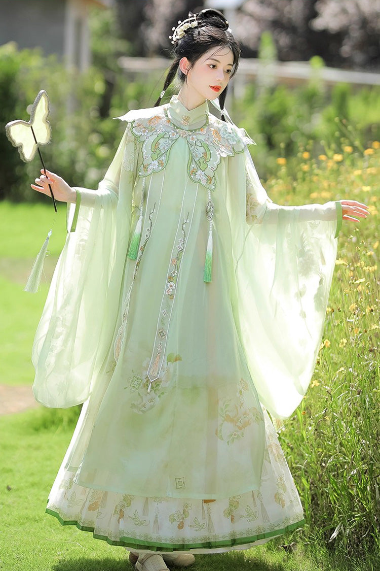 Green [Emerald Fantasy] Ming Dynasty Round Collar Long Sleeves Print Embroidery Sweet Hanfu Dress Set - Green - 1