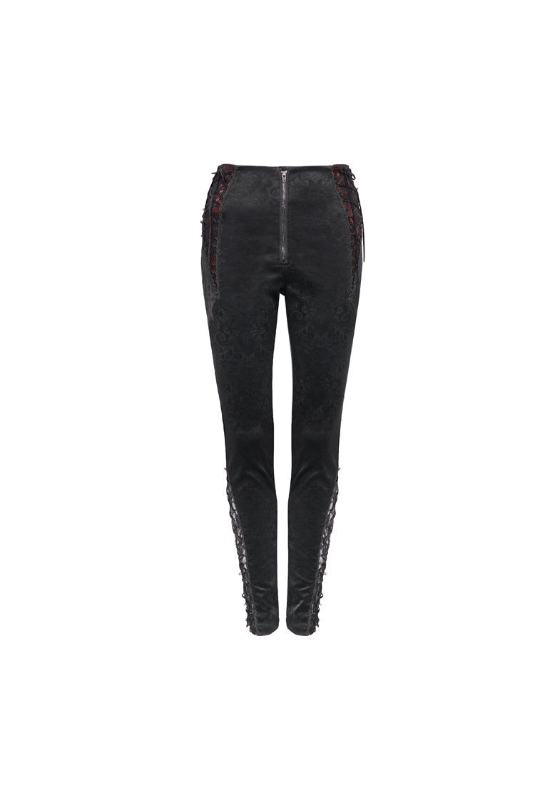 Black Textured Pattern Lace Decoration Metal Zipper Mid-High Waist Tie Women's Gothic Trousers - Product - 6