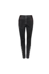 Black Textured Pattern Lace Decoration Metal Zipper Mid-High Waist Tie Women's Gothic Trousers - Product - 6
