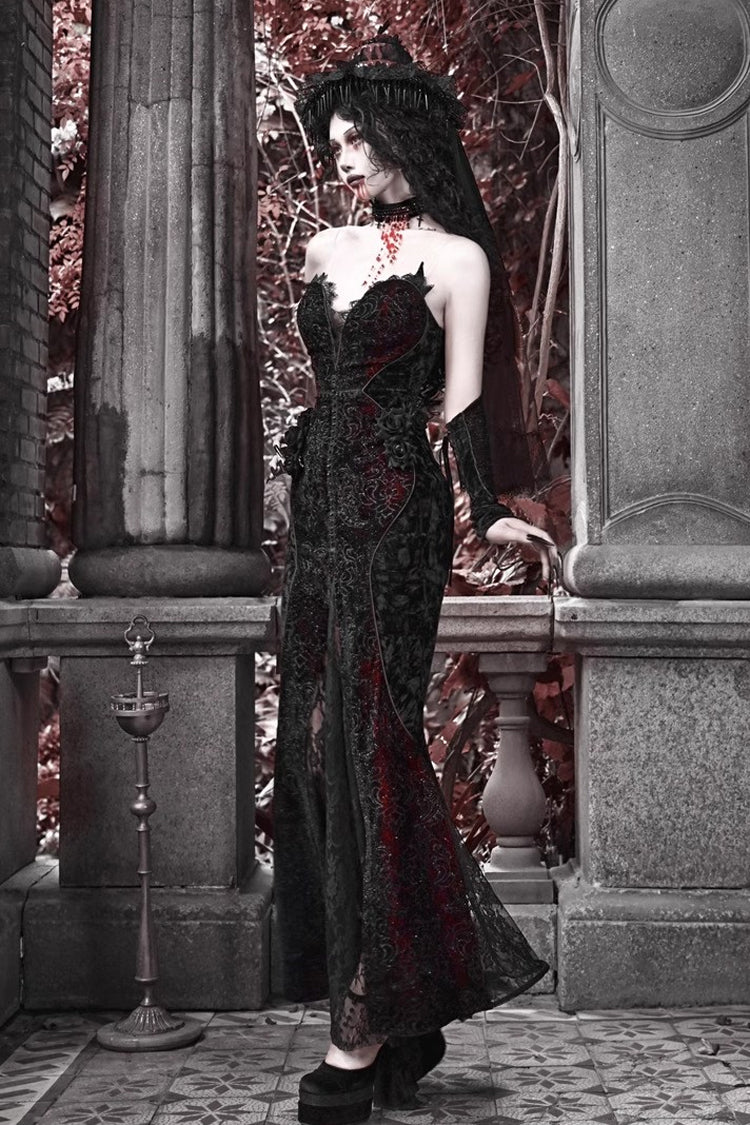 Black/Red [Scarlet Blood Peak] Sleeveless High Waisted Ruffle Embroidery Lace Gothic Lolita Fishtail Dress - Product - 5