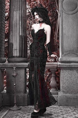 Black/Red [Scarlet Blood Peak] Sleeveless High Waisted Ruffle Embroidery Lace Gothic Lolita Fishtail Dress - Product - 5