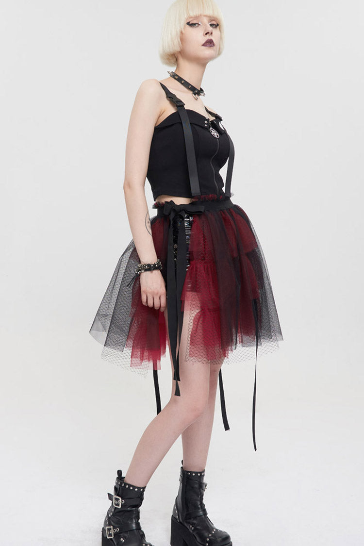 Black/Red Punk Mesh Ruffles Rock Women's Short Skirt - Product - 5