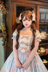 Blue Gem Rose Print Short Puff Sleeves Ruffle Bowknot Sweet Plus Size Lolita Dress - Product - 7