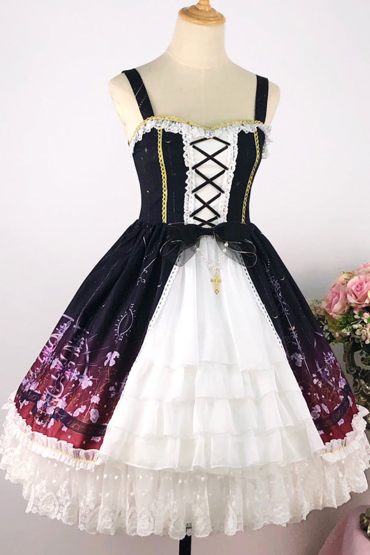 Black/Red Sleeveless Gradient Print Ruffle Cardigan Bowknot Lace-Up Sweet Elegant Lolita Jsk Dress - Product - 3