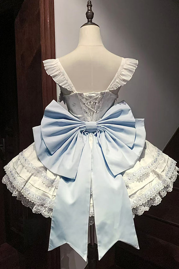 Blue [First Love Rose] Multi-Layered Print Ruffle Bowknot Lace Sweet Lolita Jsk Dress Set - Product - 10