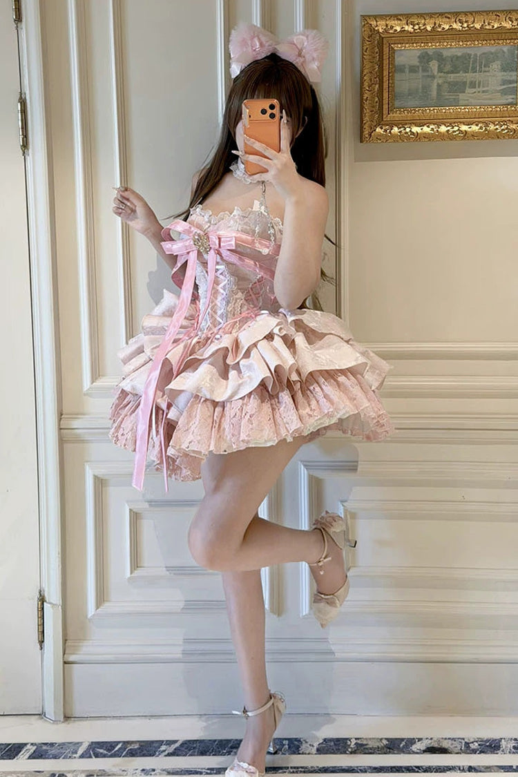 Pink [Kitten Sweetheart] Multi-Layered Ruffled Bow Lace-Up Princess Ballet Sweet Lolita Jsk Dress - Product - 10