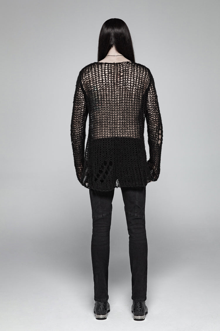 Black Casual Ripped Pullover Men's Steam Punk Sweater - Product - 4