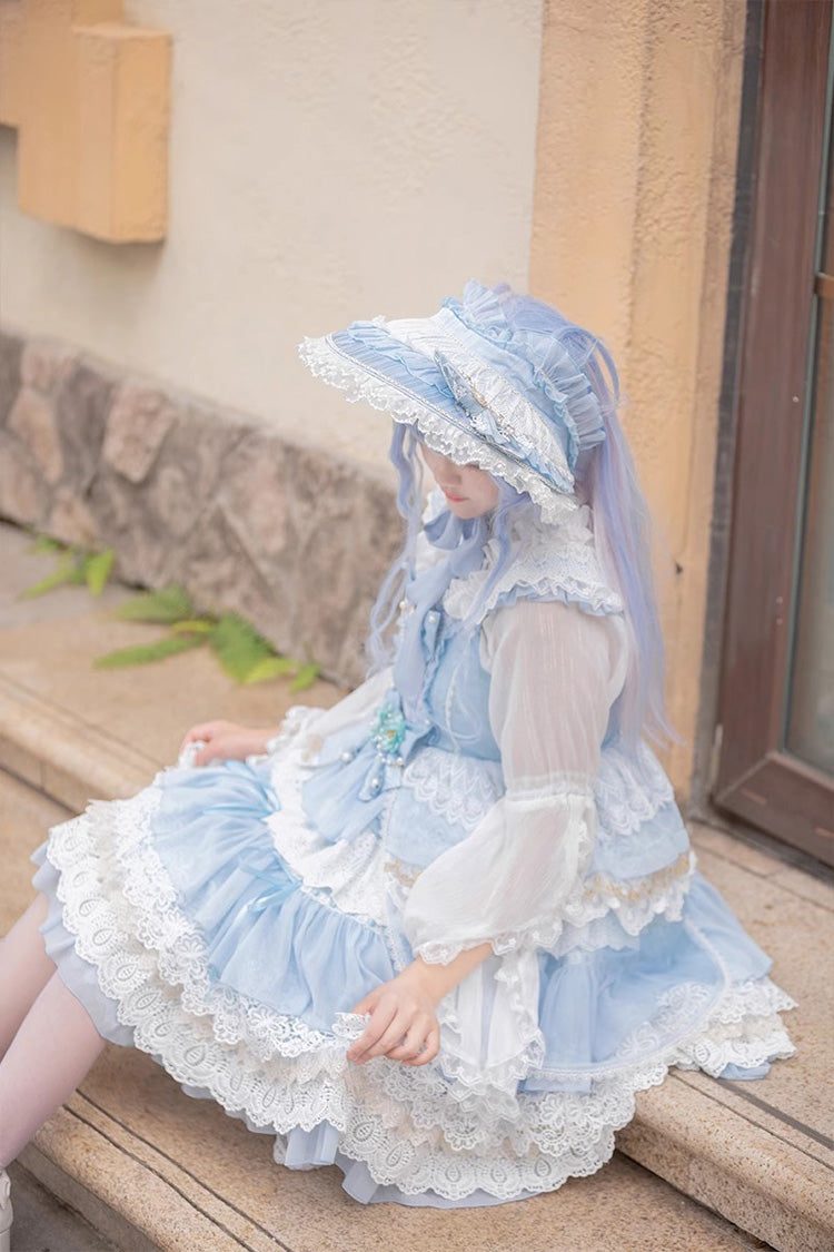 Multi-layer Sleeveless Undine's Tears Print Ruffle Hanayome Bowknot Sweet Lolita Jsk Dress 2 Colors - Product - 5