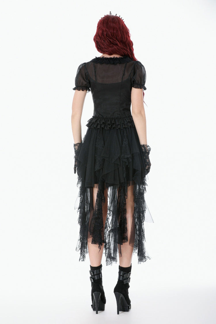 Black Deep V Collar Short Puff Sleeves Multi-Layered Ruffled Lace Sheer Women's Gothic Blouse - Product - 4