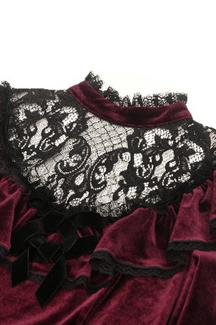 レッド 長袖 Crochet ベルベット ワンピース レディース ゴシック 卒業式ワンピース 商品画像