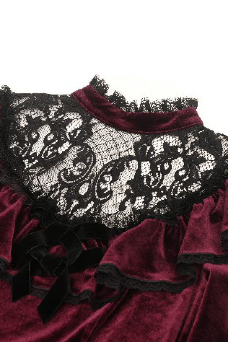 Red Long Sleeves Crochet Velvet Dress Women's Gothic Graduation Dress - Product - 17