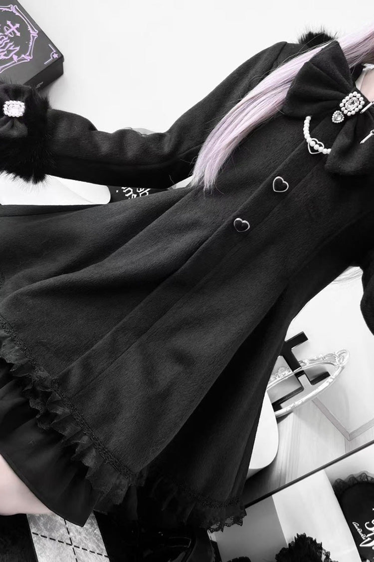 Black Long Sleeves Bowknot Rabbit Ears Detachable Hooded Japanese Jirai Kei Coat - Product - 9