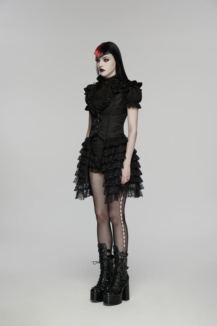 Black V Collar Short Sleeves High Waisted Jacquard Ruffled Cut-Out Embroidered Lace Slim Women's Gothic Vest - Product - 4