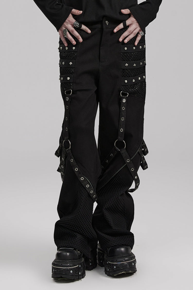 Cracked Leather Stitching Metal Rivet Decoration Mesh Men's Steampunk Pants 2 Colors - Black - 1