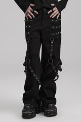 Cracked Leather Stitching Metal Rivet Decoration Mesh Men's Steampunk Pants 2 Colors - Black - 1