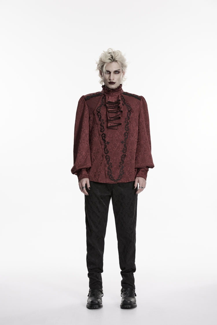 Red Stand Collar Long Lantern Sleeves Jacquard Embroidered  Men's Gothic Palace Shirt with Detachable Tie - Product - 2