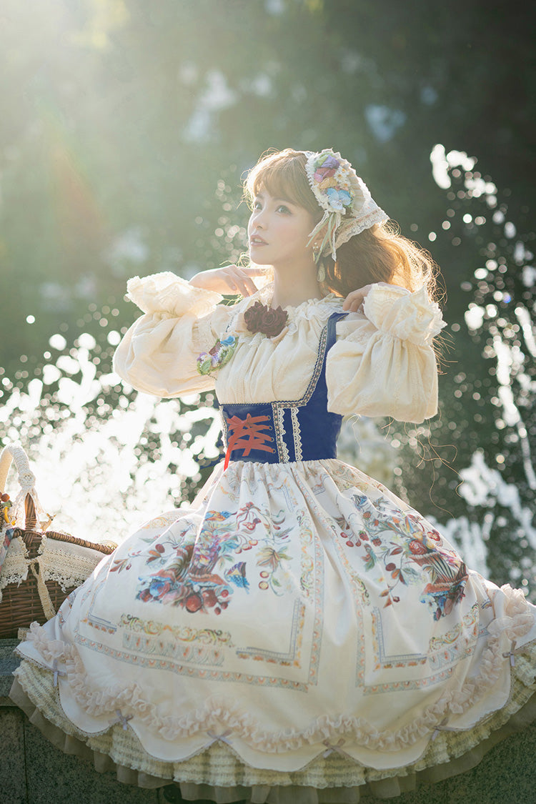 Ivory [Ode to Plenty] Berries and Birds Print Ruffle Bowknot Velvet Classic Lolita Breast Support Jsk Dress - Product - 6